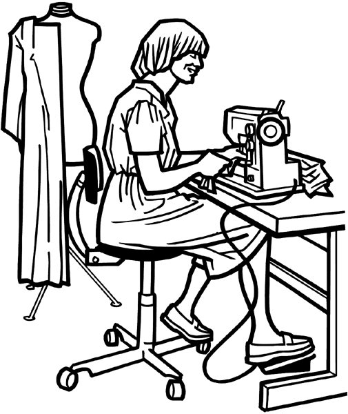 Lady at sewing machine vinyl sticker. Customize on line. Hobbies 062-0076